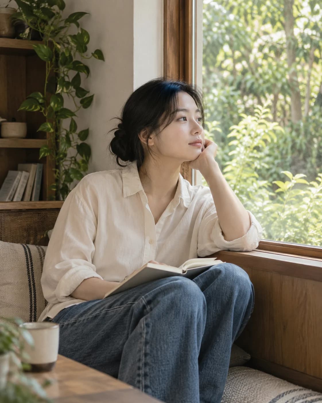 창가에 혼자 앉아 생각에 잠긴 사람