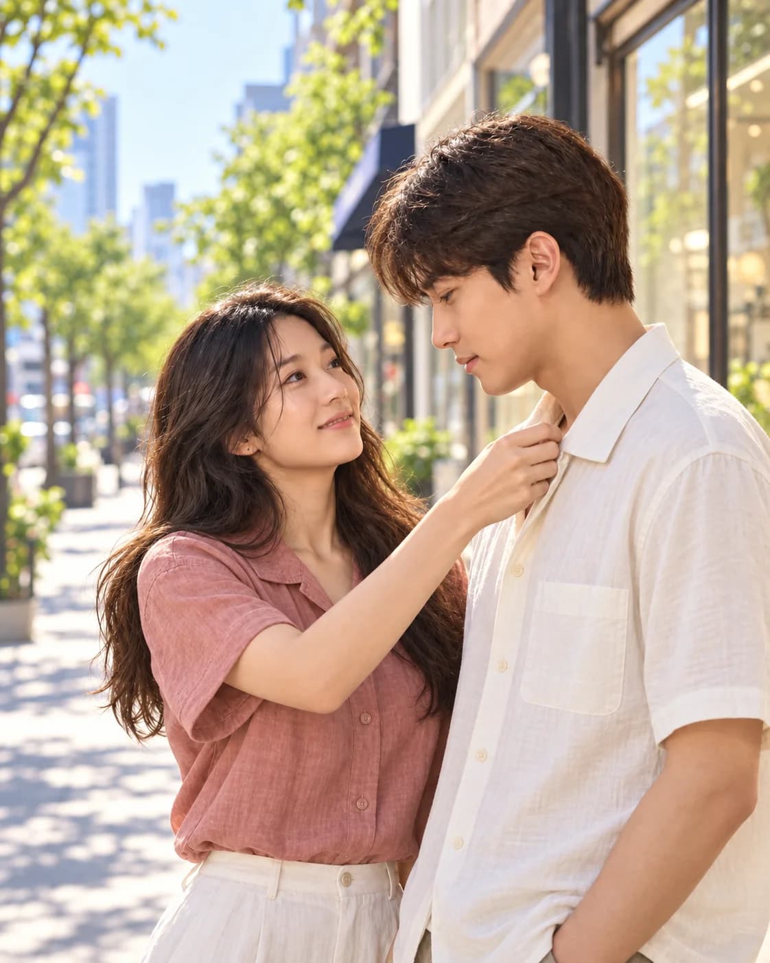 햇살이 드는 여름 거리에서 반소매 차림으로 다정하게 마주 보는 연인